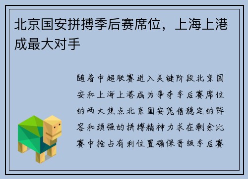 北京国安拼搏季后赛席位，上海上港成最大对手