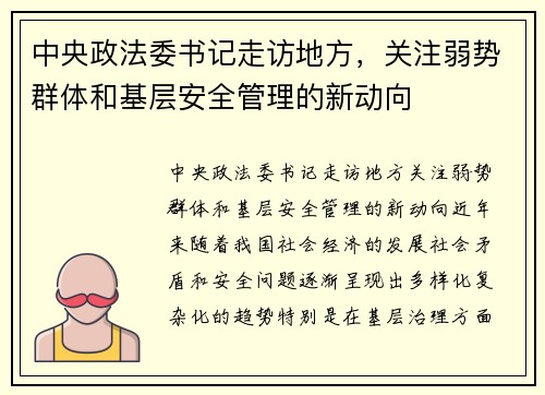 中央政法委书记走访地方，关注弱势群体和基层安全管理的新动向