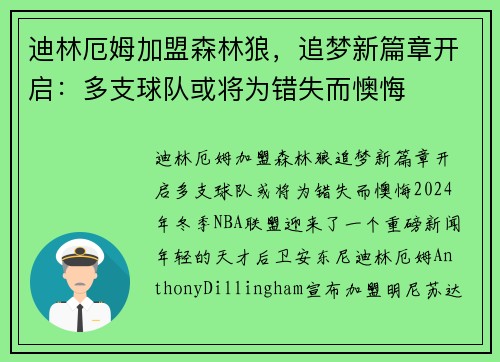 迪林厄姆加盟森林狼，追梦新篇章开启：多支球队或将为错失而懊悔