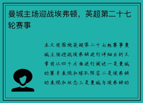 曼城主场迎战埃弗顿，英超第二十七轮赛事