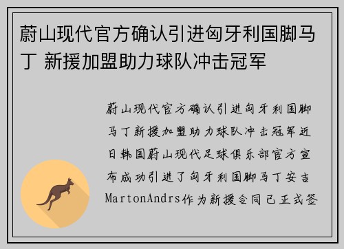 蔚山现代官方确认引进匈牙利国脚马丁 新援加盟助力球队冲击冠军