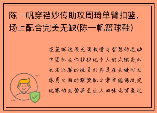 陈一帆穿裆妙传助攻周琦单臂扣篮，场上配合完美无缺(陈一帆篮球鞋)